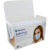 Open box of Medicom SafeMask Premier Elite face masks with a model wearing a mask on the packaging.