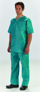 GRAHAM MEDICAL DISPOSABLE ELITE NON-WOVEN SCRUBS-Scrubs Set, Shirt & Pants, V-Neck, No Pocket, Elastic Waist, Teal with White Trim, Large, Latex Free (LF)